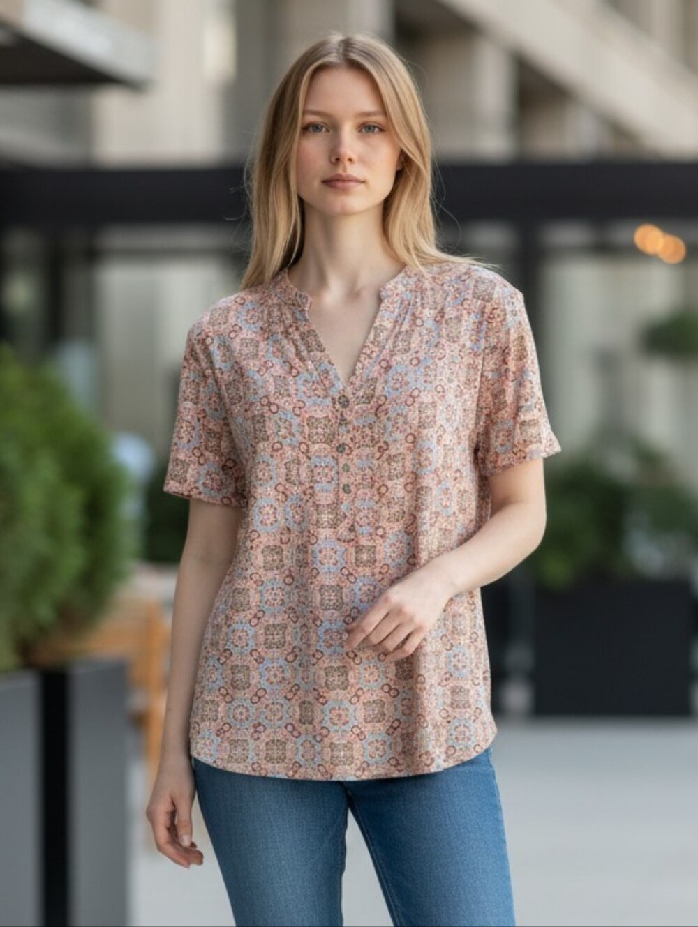 Sara Michelle 2X Pink Blue Tan Paisley Print V Neck Button Front Tunic Top